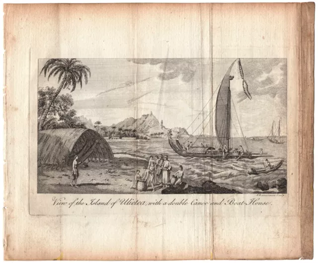 1785 Capt Cook ENGRAVING ~ Island of Ulietea, with canoe house ~ Raiatea, Tahiti