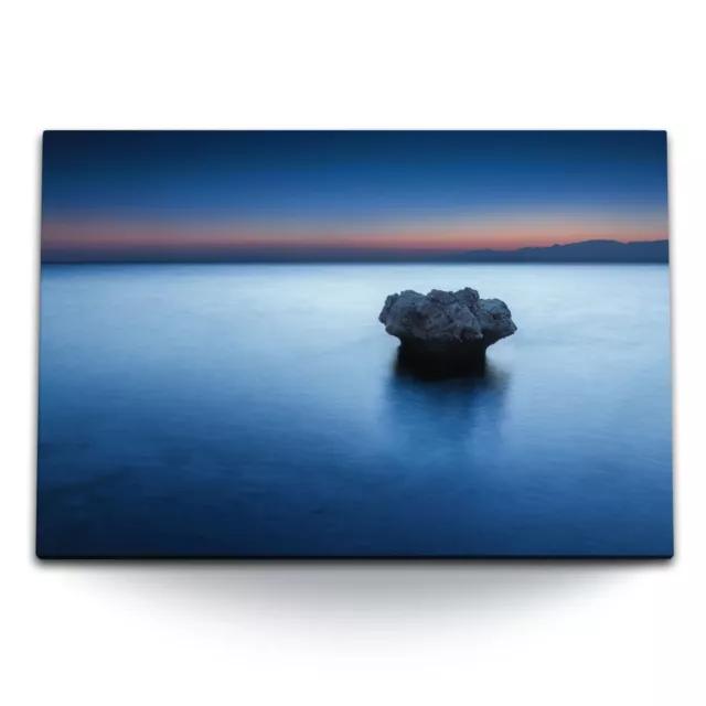 120x80cm Wandbild auf Leinwand Fels im Meer Dunkelblau Horizont Abenddämmerung