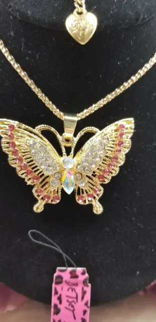Lovely Betsey Johnson Pink Crystal Rhinestone Inlay Butterfly Pendant Necklace