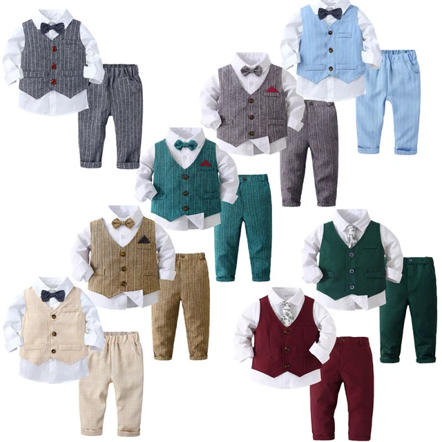 3 Piece Baby Boys Formal Suits Bow Tie Long Sleeve Dress Shirt Tuxedo Vest Pants