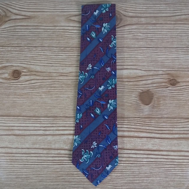 Christian Dior Tie Red Blue Striped Floral 100% All Silk Made in USA 57"