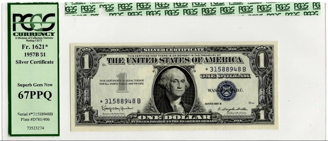 1957B $1 Silver Certificate Star, Pcgs Superb Gem Uncirculated 67 Epq Banknote