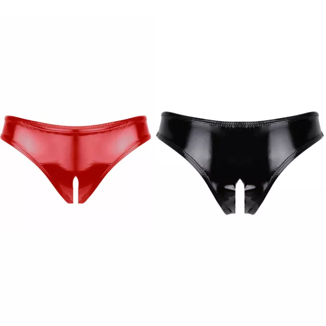 Femme Culotte Cuir Verni Brillant Ouvert Slip Taille Basse Lingerie Tanga Thong