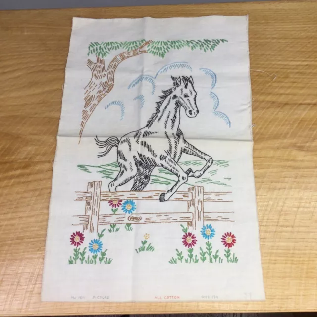 Vtg Completed Embroidery Needlepoint Horse Jumping Over Fence Unframed 11"x17"