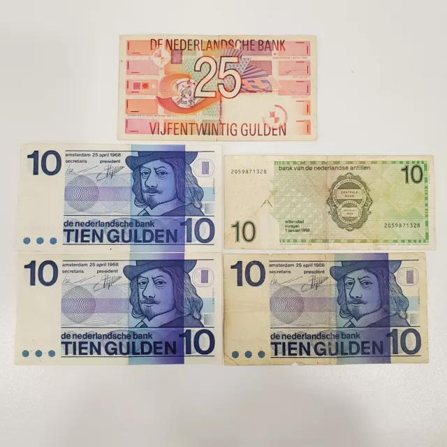 10 / 25 Gulden Netherlands 1968-1989-1998 Banknotes Lot (5) Notes