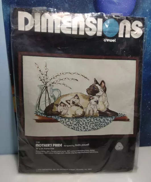 "Dimensions 1110 Mothers Pride Cat Kätzchen Crewel Kit 1978 reine Wolle 20""x14"