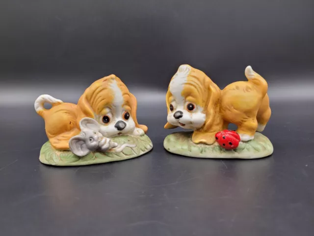 Vintage Lefton Basset Puppy Dog Figurines Ceramic Hand Painted Mouse Ladybug