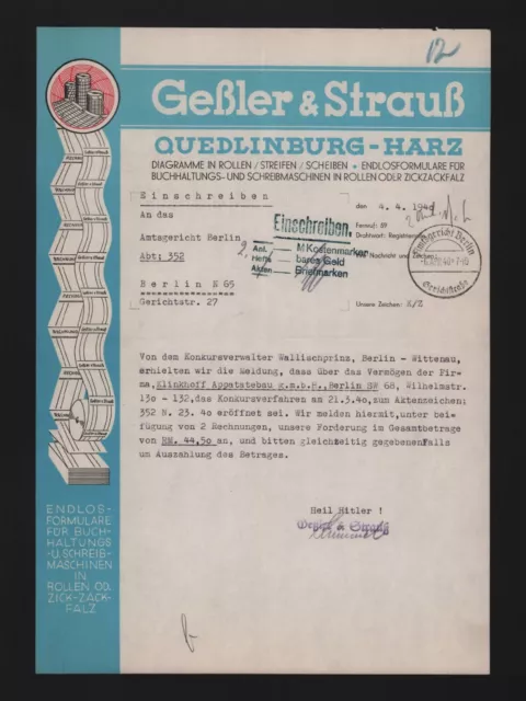 QUEDLINBURG, Brief 1940, Gessler & Strauss Diagramme in Rollen Streifen Scheiben