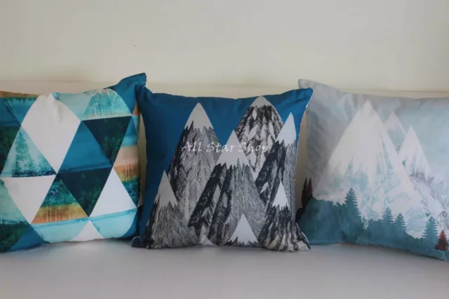 Art Vintage Aqua Navy Mountain Home Decor Cotton CUSHION COVER PILLOW CASE 18"