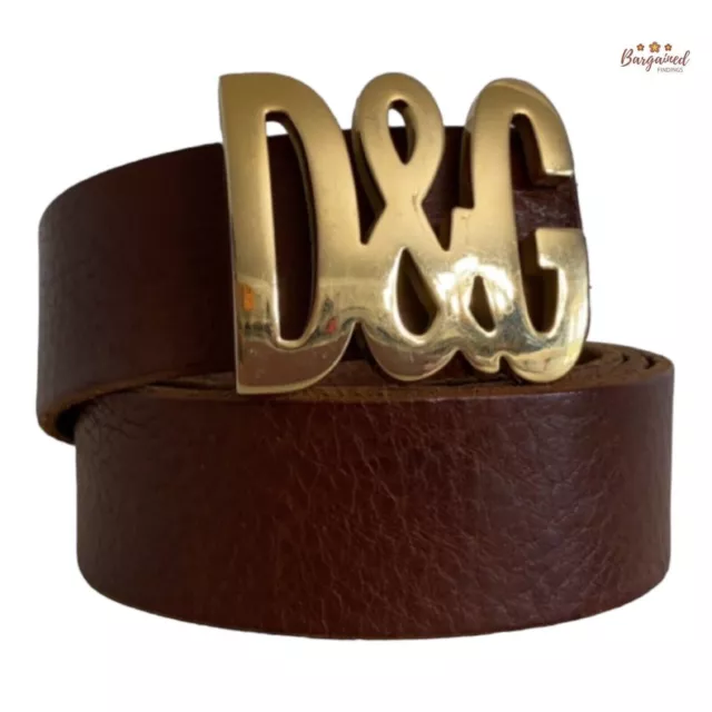 Authentic Dolce & Gabbana Brown Leather Gold D&G Logo Buckle Belt Size 80/32