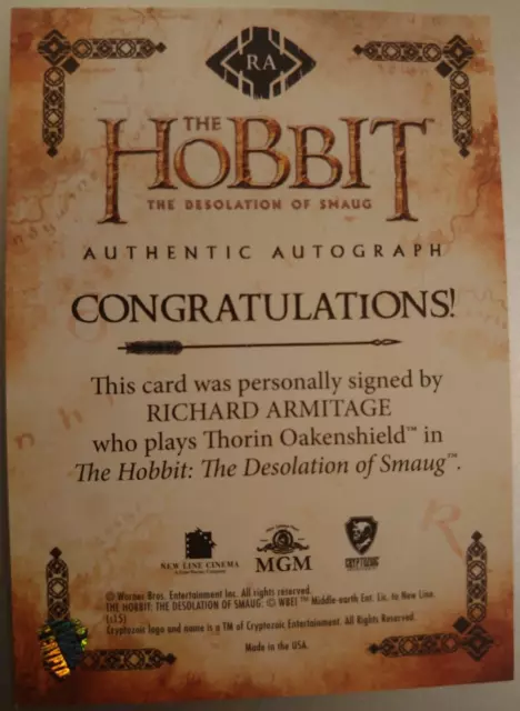 Tarjeta de autógrafo de El Hobbit Desolación de Smaug Richard Armitage Thorin Cryptozoic 2