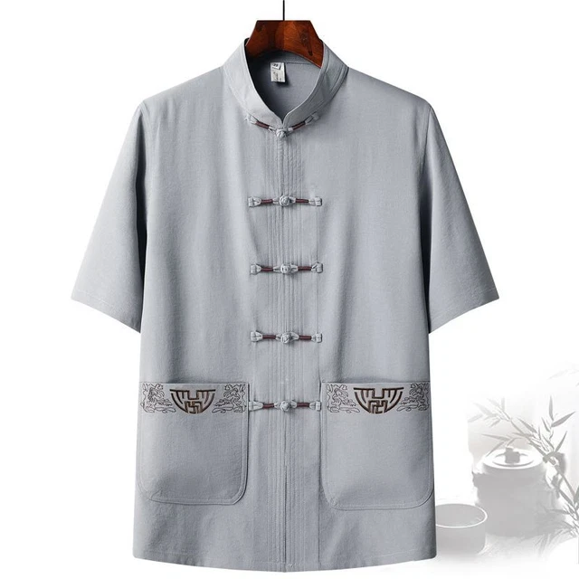 T-shirt Homme Style Hanfu Chinois - Lin Et Coton - Manches Courtes, Col En Y - Neuf Avec étiquettes - Taille Regular