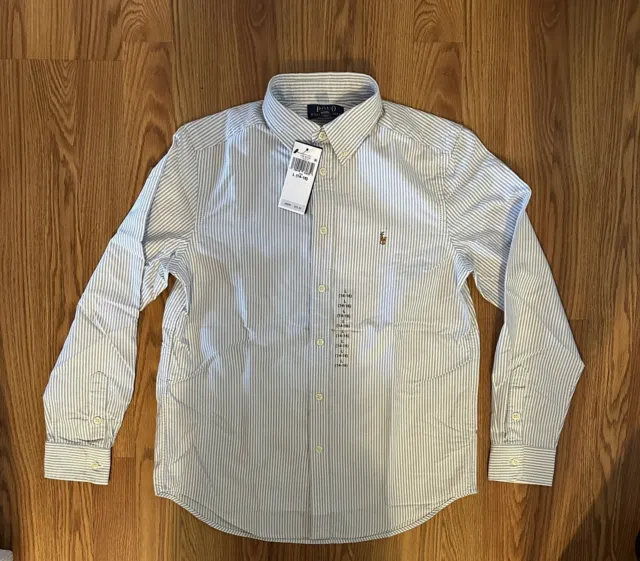 Polo Ralph Lauren Boys Striped Cotton Oxford Shirt Blue White Size L (14-16)