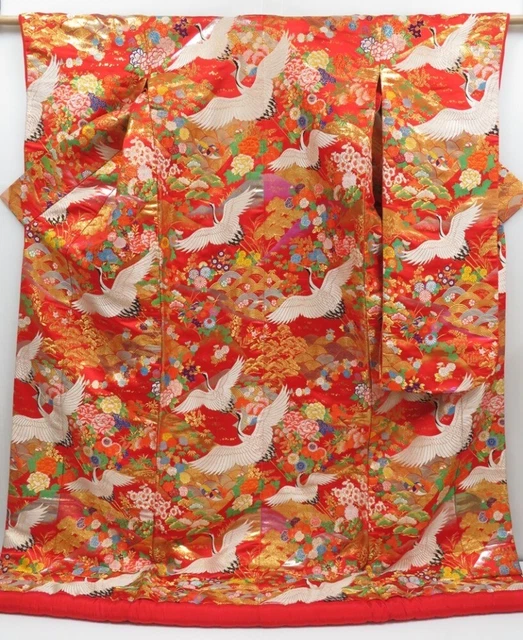 2916T08z3950  Japanese Kimono Silk UCHIKAKE Flying crane Red