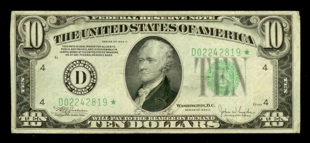 1934 D Cleveland Ohio Federal Reserve $10 Star Note Fr