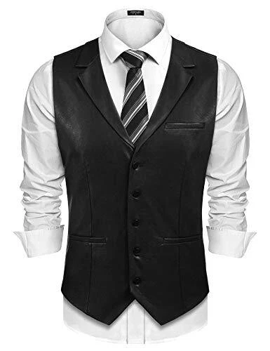 Mens Leather Vest Casual Western Vest Jacket Lightweight V-Neck Suit Vest Waist