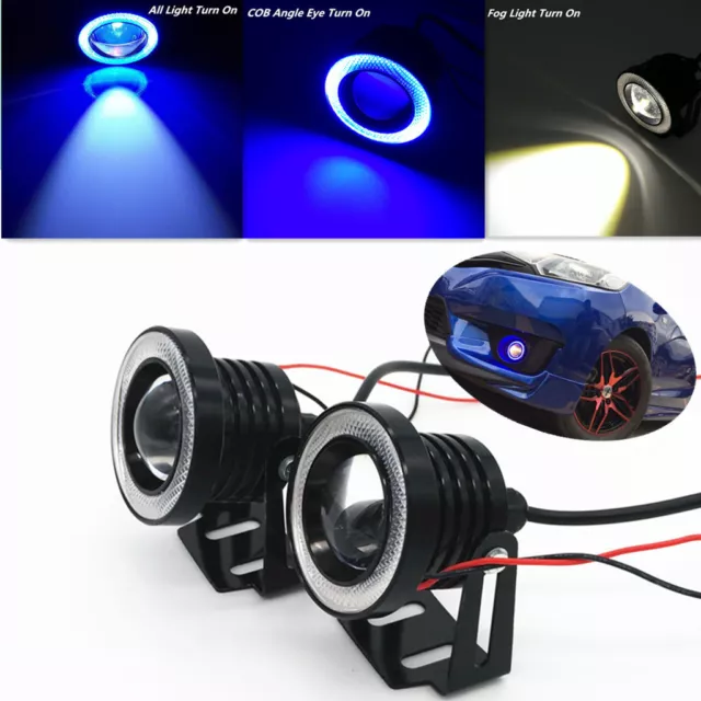 2Pcs Blue/White Car 3in Angel Eyes COB Halo Projector LED Fog Driving Light Lamp