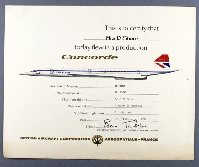 Brian Trubshaw Signed Bac Aerospatiale Production Concorde Certificate G-Boac Ba