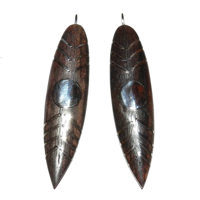 P2515 Dark Brown Lacquered Wood & Silver 62mmm Marquise Focal Pendant Drops 2pc 2