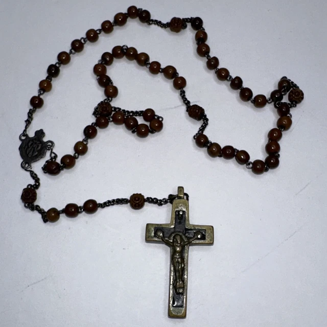 Rosary Wood Bead Silver Tone Chain Wood Crucifix Christian Religious