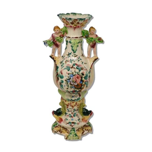 Italian Majolica Hand Painted Porcelain Amphora Vase Putti Handles 14" Late 19th