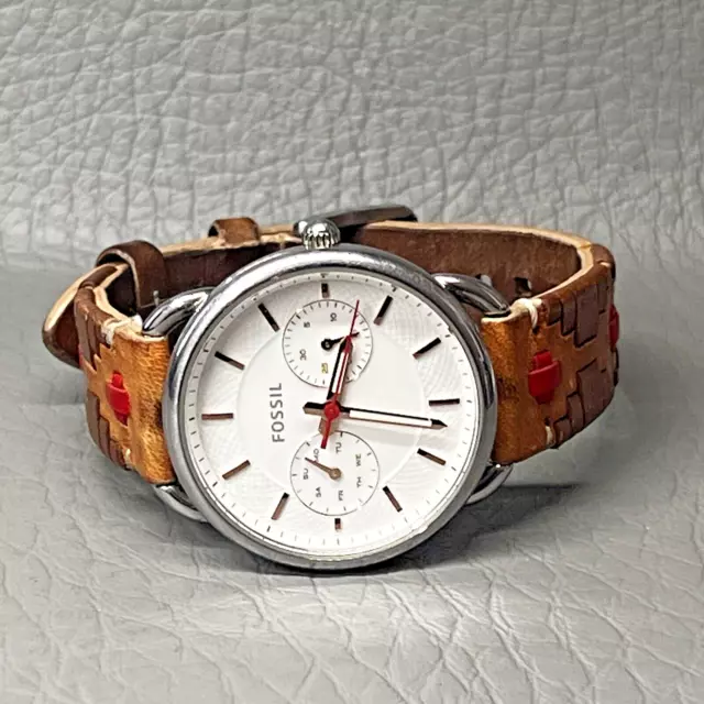 Fossil Tailor Watch Women Brown Leather Band Multifunction White Round 34mm Dial