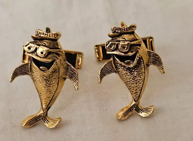 Vintage Starkist "Charlie the Tuna" Cufflinks Gold Tone SKF Stamped