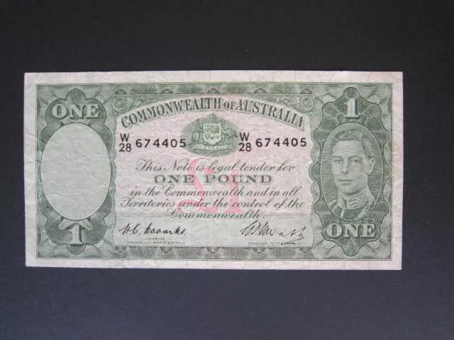 AUSTRALIAN 1949 ONE POUND PRE DECIMAL BANKNOTE (Coombs/Watt) W28 674405- FINE