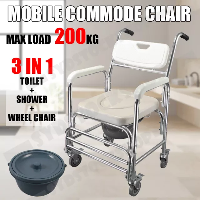 Mobile Shower Toilet Commode Chair Bathroom Bedside Aluminum Footrest Wheelchair