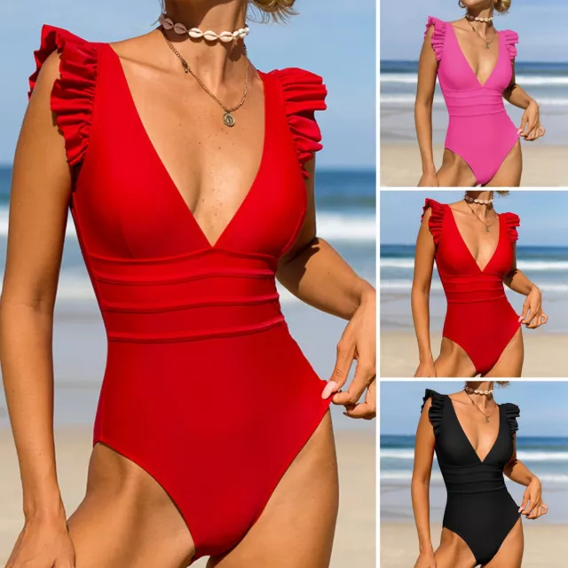 One-piece Monokini Spliced Swimsuit Elegant Ruffle Edge for Women Neck Quick Dry