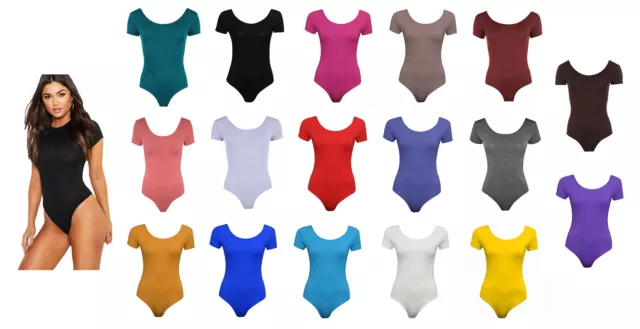 Ladies Plain Short Cap Sleeve Womens Stretch Leotard Top T Shirt Bodysuit  8-14