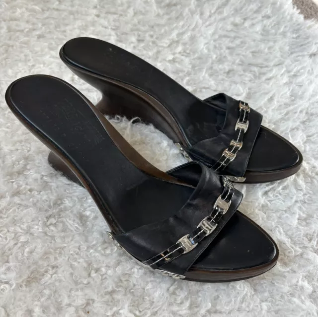 Salvatore Ferragamo Women’s Beautiful Black Leather Open Toe Slide Heels Sz 10B