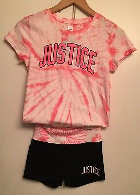 JUSTICE Sz 10 Girls Tie Dye Pink Tee T-shirt & Matching  Black Yoga Shorts NEW