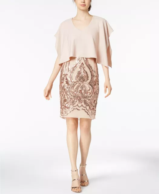 Nwt $449 Betsy & Adam Women'S Beige Gold Sequined Caped Overlay Sheath Dress 10