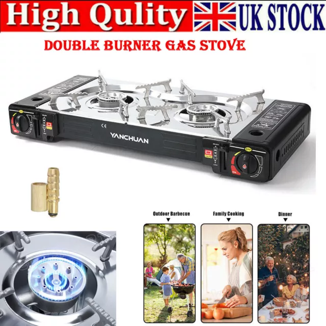 Portable Double Burner Gas Stove Camping Butane Cooker Barbecue Kitchen Outdoor