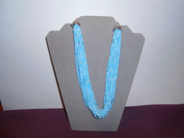 Blue & White Glass Seed Bead Multi Strand Necklace / 19 Inch