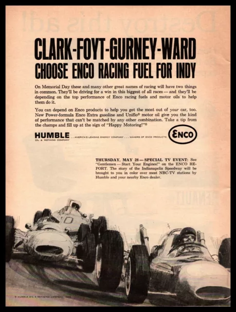 1964 Humble OIl "Clark Foyt Gurney Ward Choose Enco Race Fuel For Indy" Print Ad