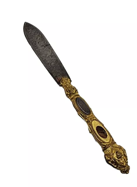 Antique Etched Dagger Letter Opener Art Nouveau Floral Birds Gold Tone Handle