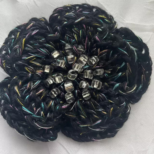 Black Cotton Crocheted flower brooch with Crystal Beads B453