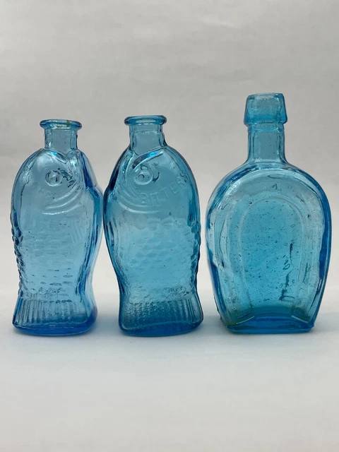 3 Blue Reproduction Bottles Fish Shape & Pattern, Square Bottle Emb. w/ Horse