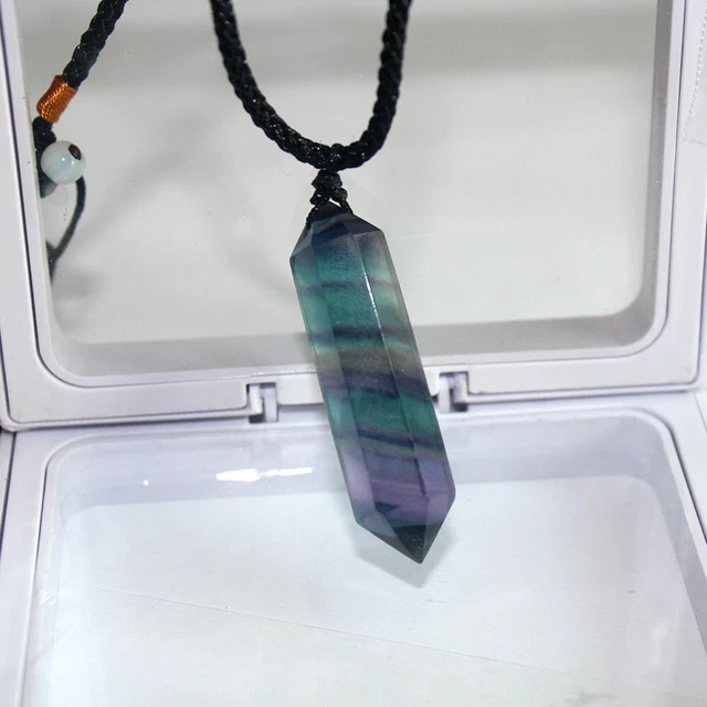AAA Natural Colorful Fluorite Quartz Crystal Point Wand Pendant Necklace Healing