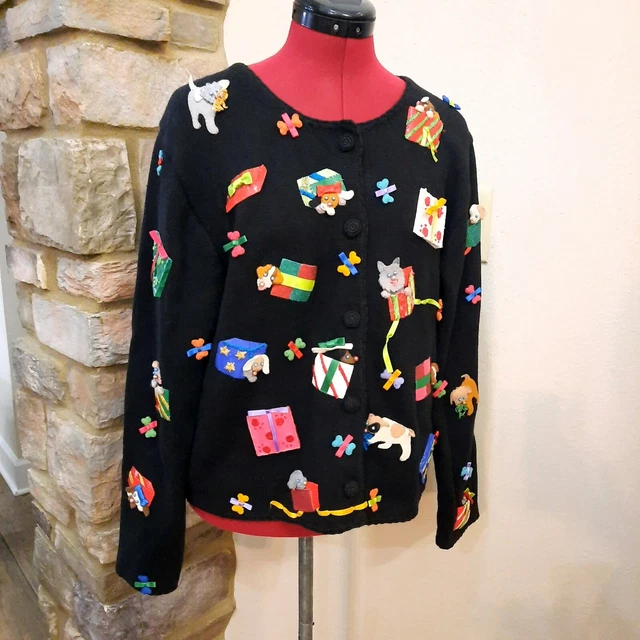 Michael Simon womens MEDIUM Christmas Holiday Dog Cardigan Sweater Embellished