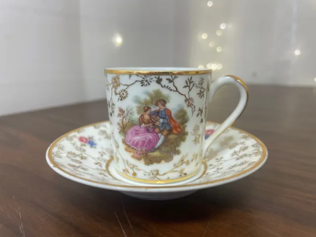 Limoges France Demitasse Cup & Saucer Pink Gold Courting Scene