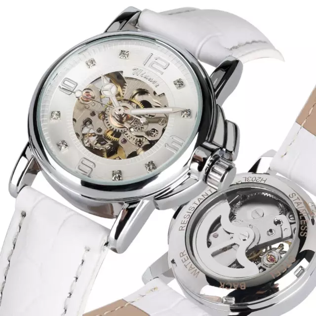 Montre Mécanique Automatique pour Femme Bracelet en Cuir Blanc Argenté WINNER 3