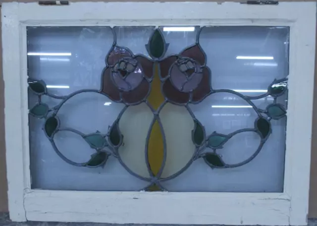 MIDSIZE OLD ENGLISH LEADED STAINED GLASS WINDOW Pretty Roses 26.5" x 19"