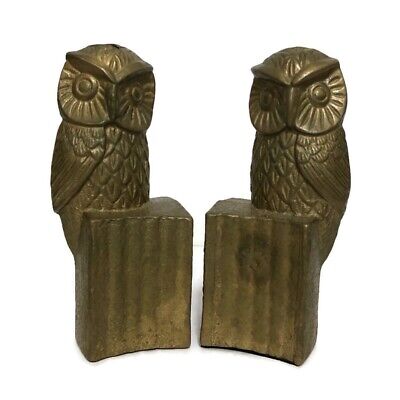 Vtg Pair of Brass Wise Owl Bookends Perched On Books Figural 6” Decor Library