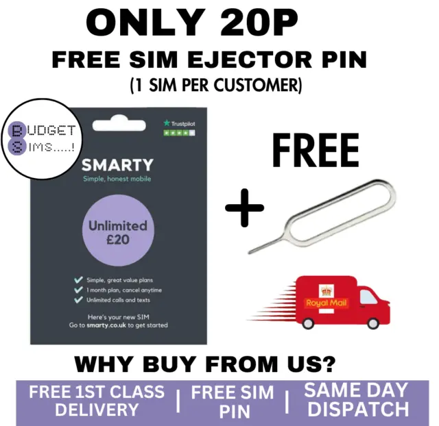 Smarty Sim Card Pay As You Go Mini Micro Nano ONLY 20p + Free Sim Ejector Pin