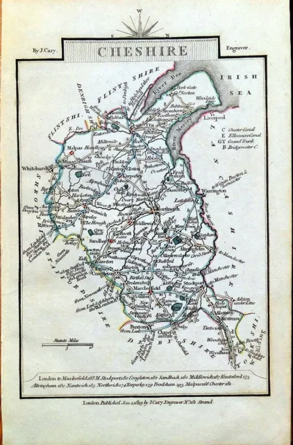 CHESHIRE John Cary Original Hand Coloured Miniature Antique County Map 1819