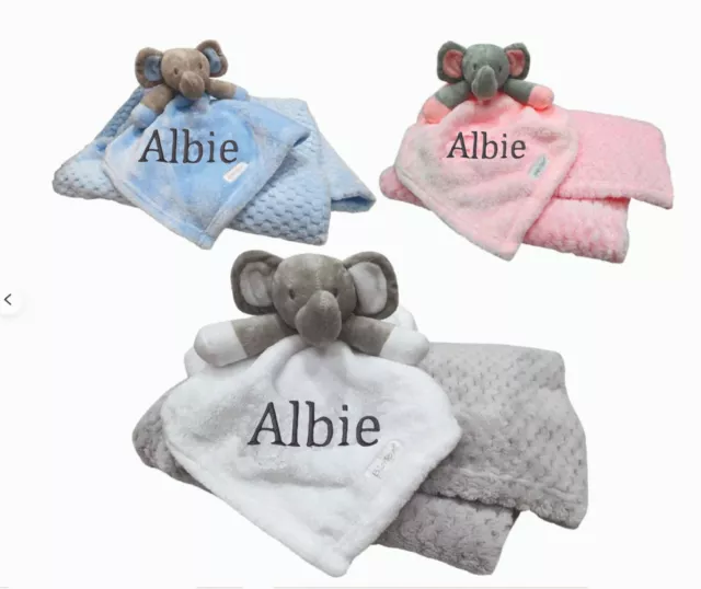 Personalised  embroidered BABY WAFFLE BLANKET & elephant comforter set