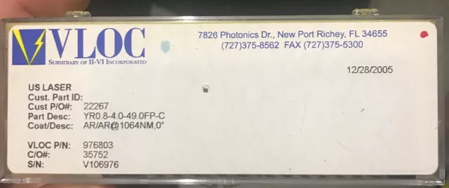 VLOC Nd:YAG Laser Rod YR0.8-4.0-49.0FP-C AR/AR 1064nm New In Box